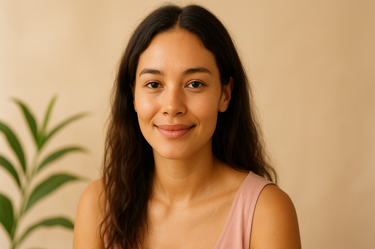 Jeune femme au sourire léger, peau nue éclatante, cheveux ondulés, fond beige flou.