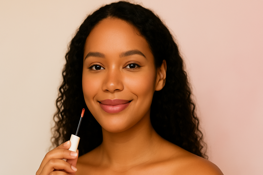 Portrait naturel, femme souriante tenant un applicateur lèvres, lumière douce sur fond beige rosé.